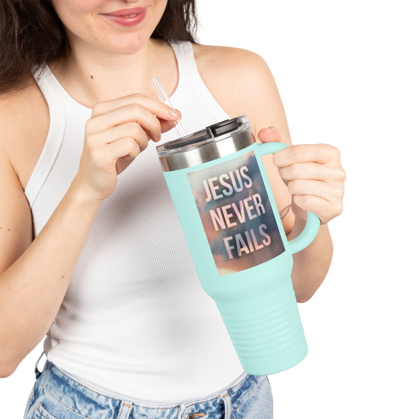 Inspirational Insulated Travel Mug | 40oz Motivational Drinkware, Jesus Never Fails, Travel Cup, Gift for Believers, Faith-Based Coffee Mug