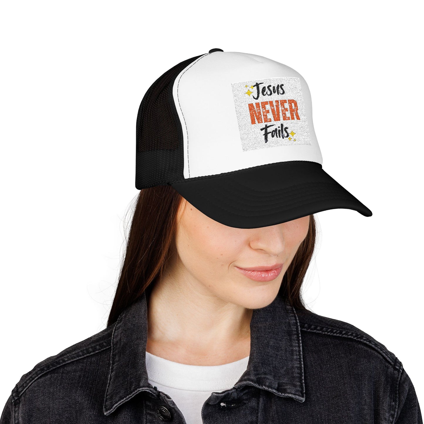 Red Foam Trucker Hat - 'Jesus Never Fails' - Faith-Based Gift, Casual Style, Summer Accessory, Inspirational Wear